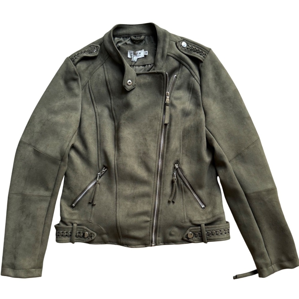 Oliveโ Green Moto Jacket Women M Biker Military Edgy Streetwear Fall Faux Suede